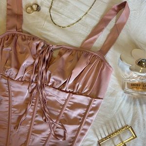 Pink satin corset top with tie